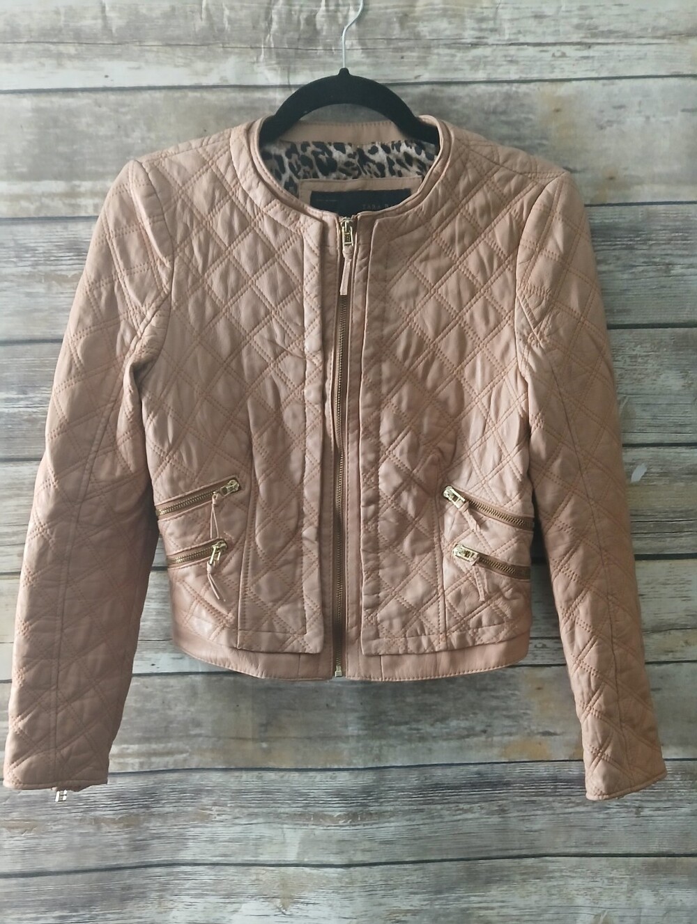 Zara Quilted Leather, Lambskin, Bomber Jacket in Camel